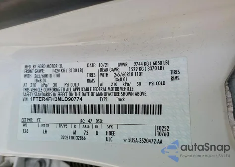 2021 Ford Ranger Xl z USA, uszkodzony, nr VIN 1FTER4FH3MLD90774